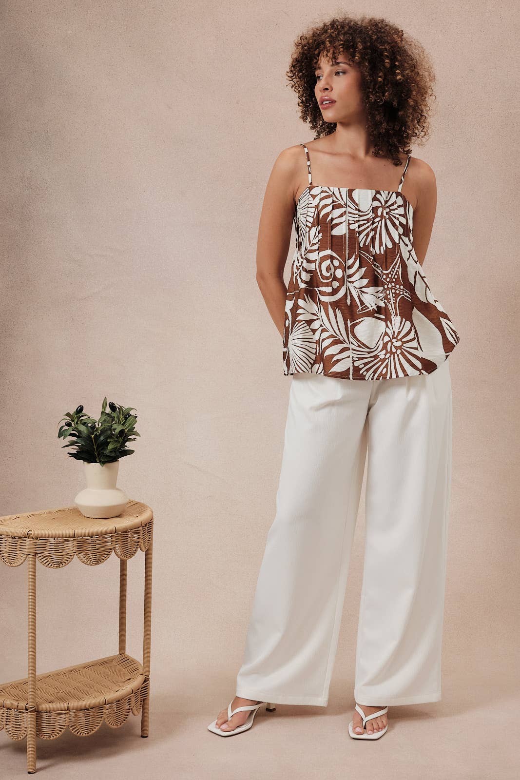 White and Brown Sleeveless Pleated Detail Top- 141226
