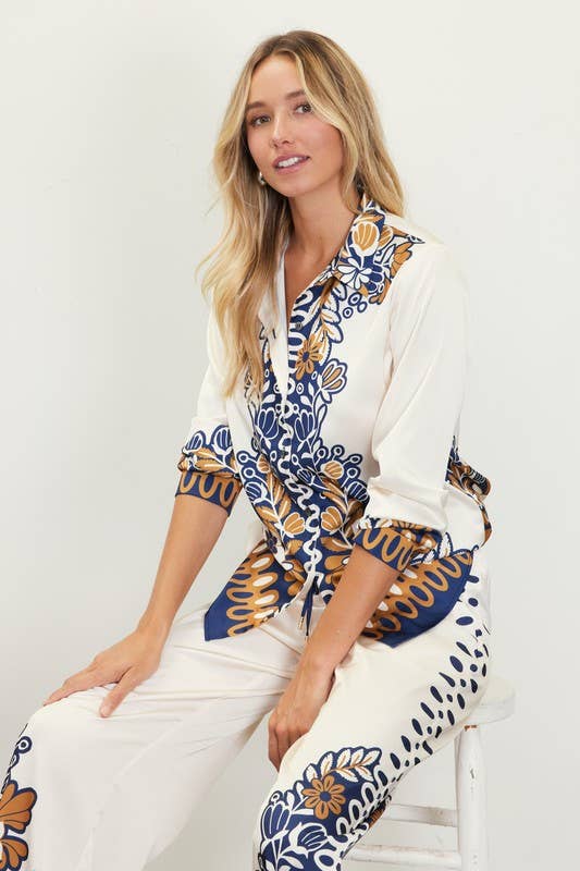 Mustard-Navy Printed Border Button-Down Blouse-146056