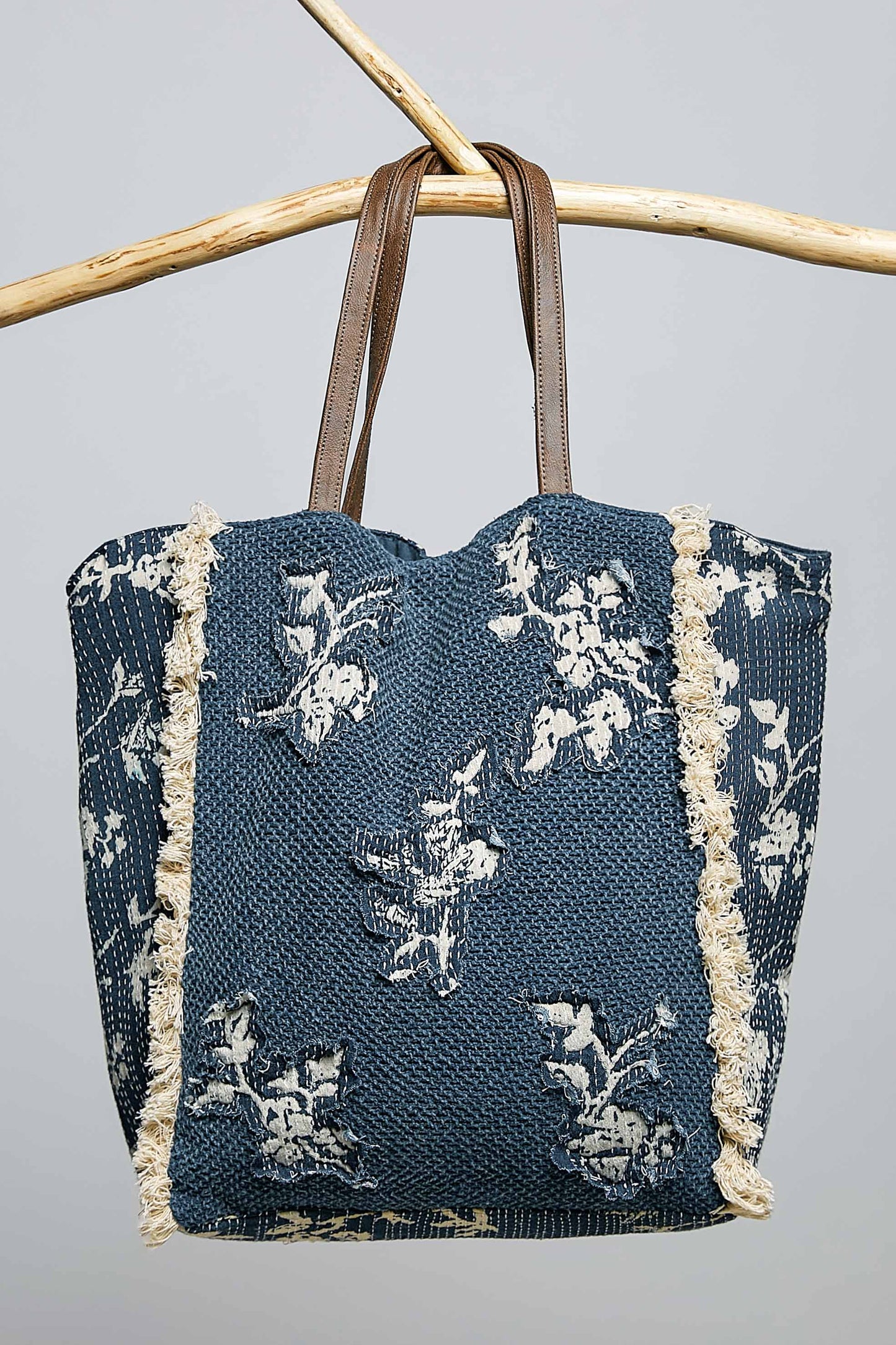 Blue and Beige Contrast Trim Textured Woven Denim Tote Bag - BAGQH2