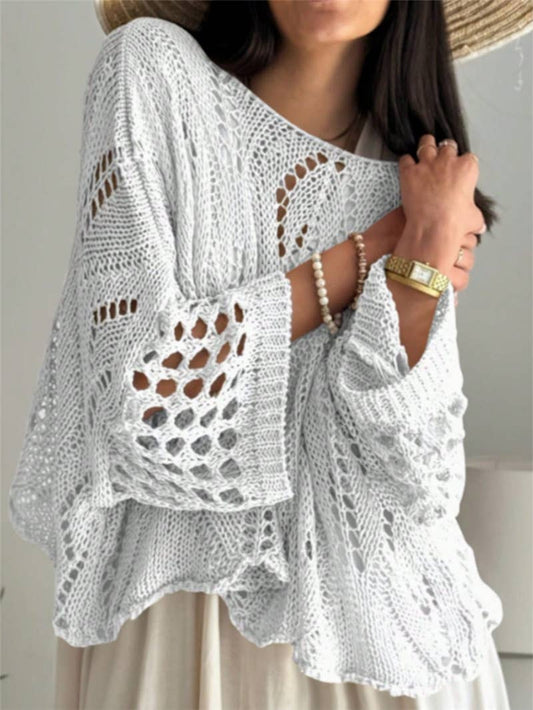 White Bohemian 3/4 Sleeve Loose Hollow Knit Top-148236