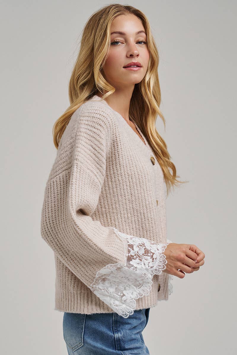Oatmeal V-Neck Lace Cuff Cardigan-150428