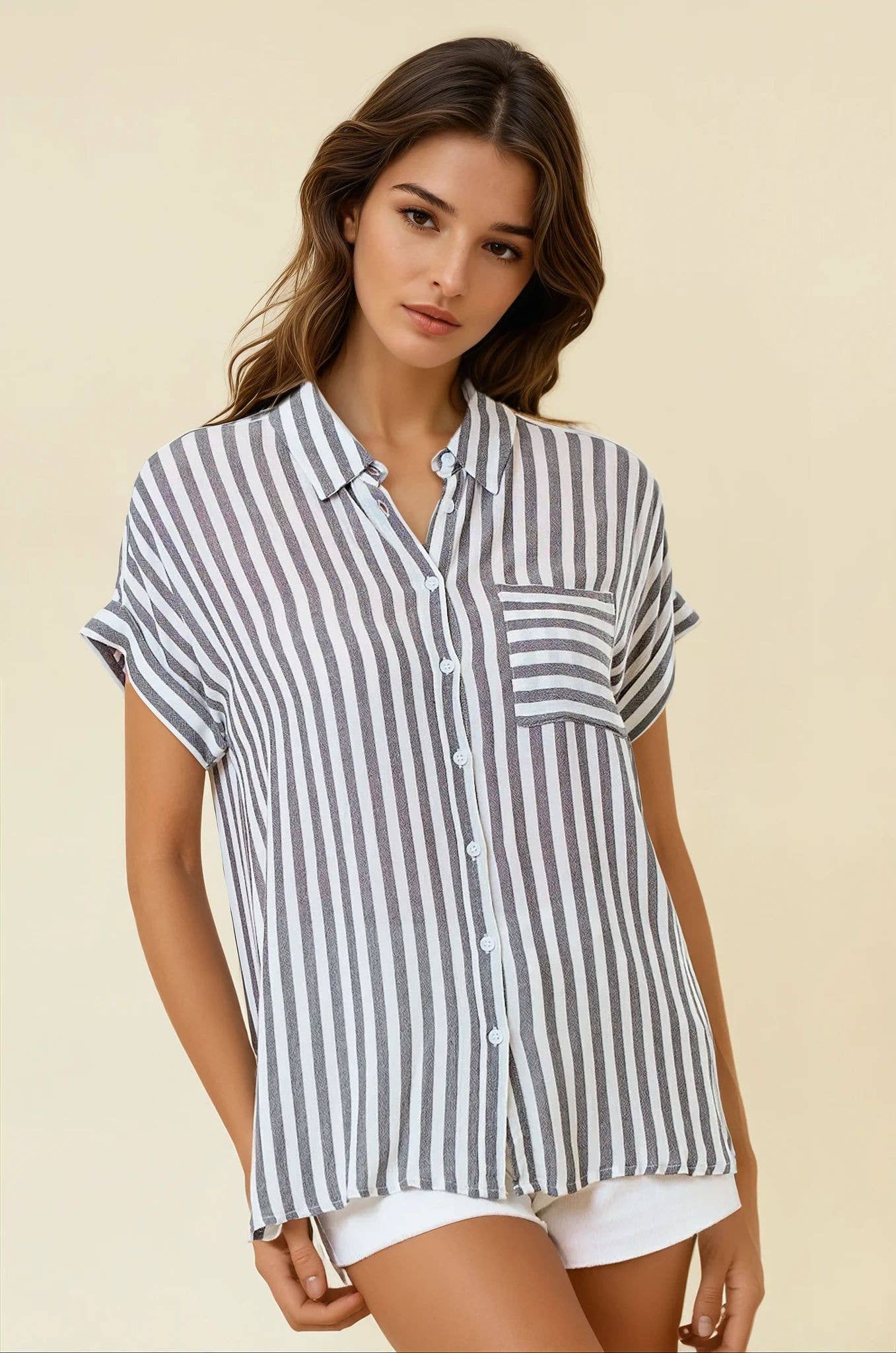 White and Faded Black Striped Shirt w/ Rolled Cuffs- 144132