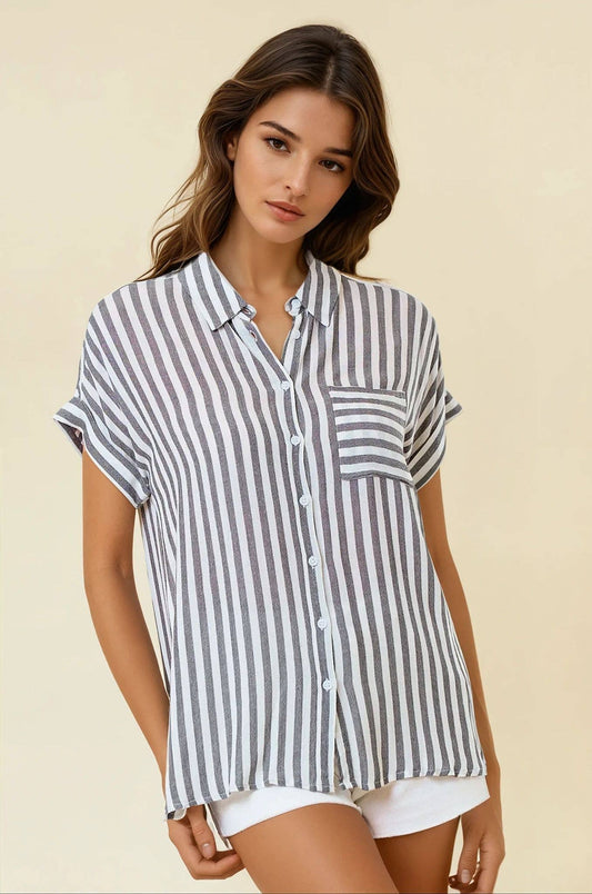 White and Faded Black Striped Shirt w/ Rolled Cuffs- 144132