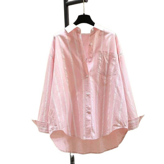 Pink and White Strip Cotton Button Up Shirt - 143707