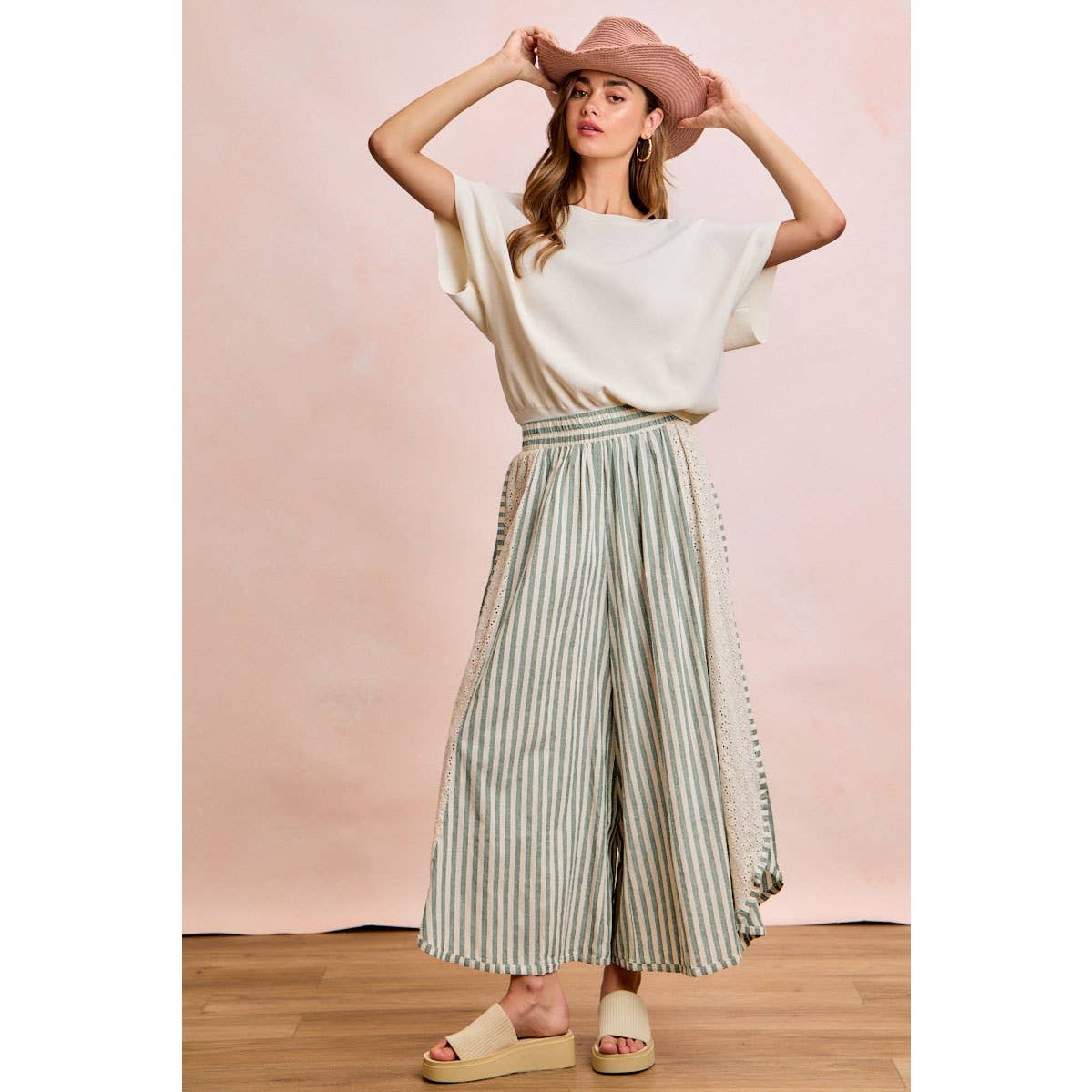 Black and White Stripe and Eyelet Side Wide Leg Pants-131889
