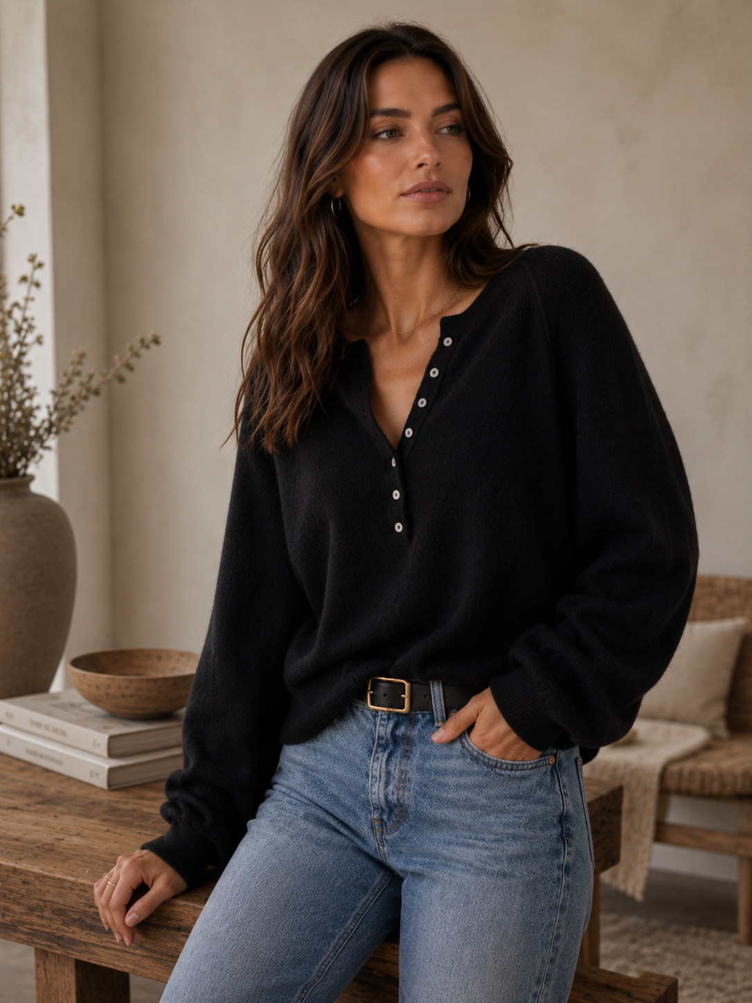 Black Henley Pullover Sweater-153474