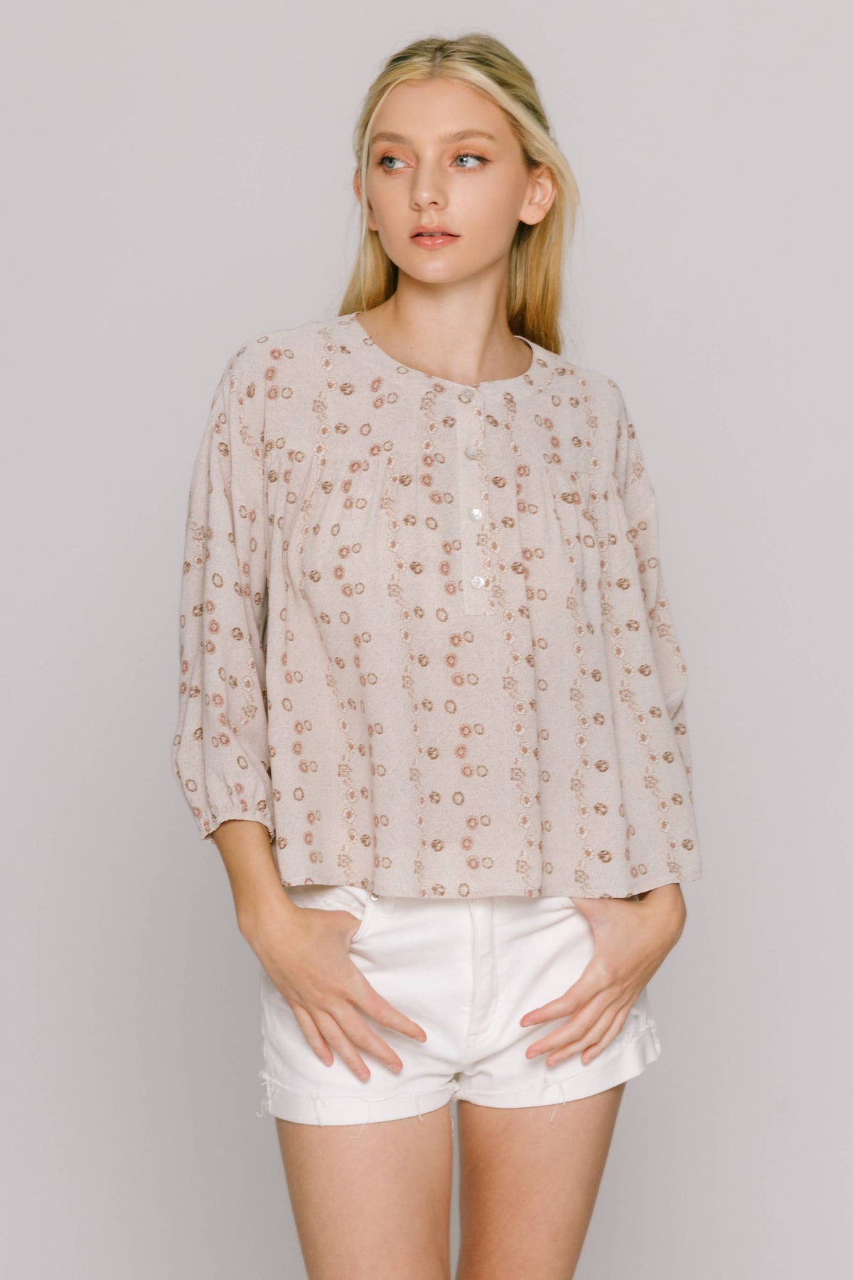 Taupe Floral Print Flowy Blouse -143052