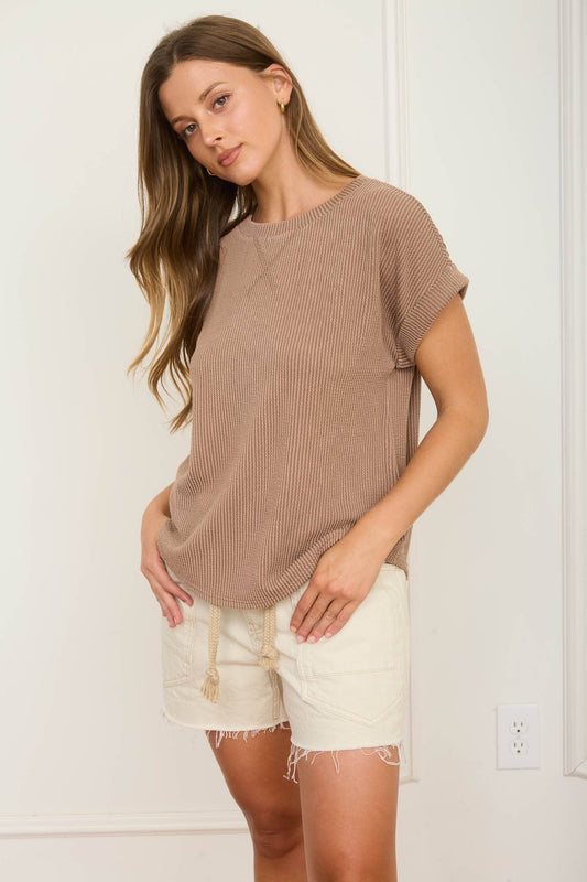 Mocha Ribbed Short Sleeve Top- 141019