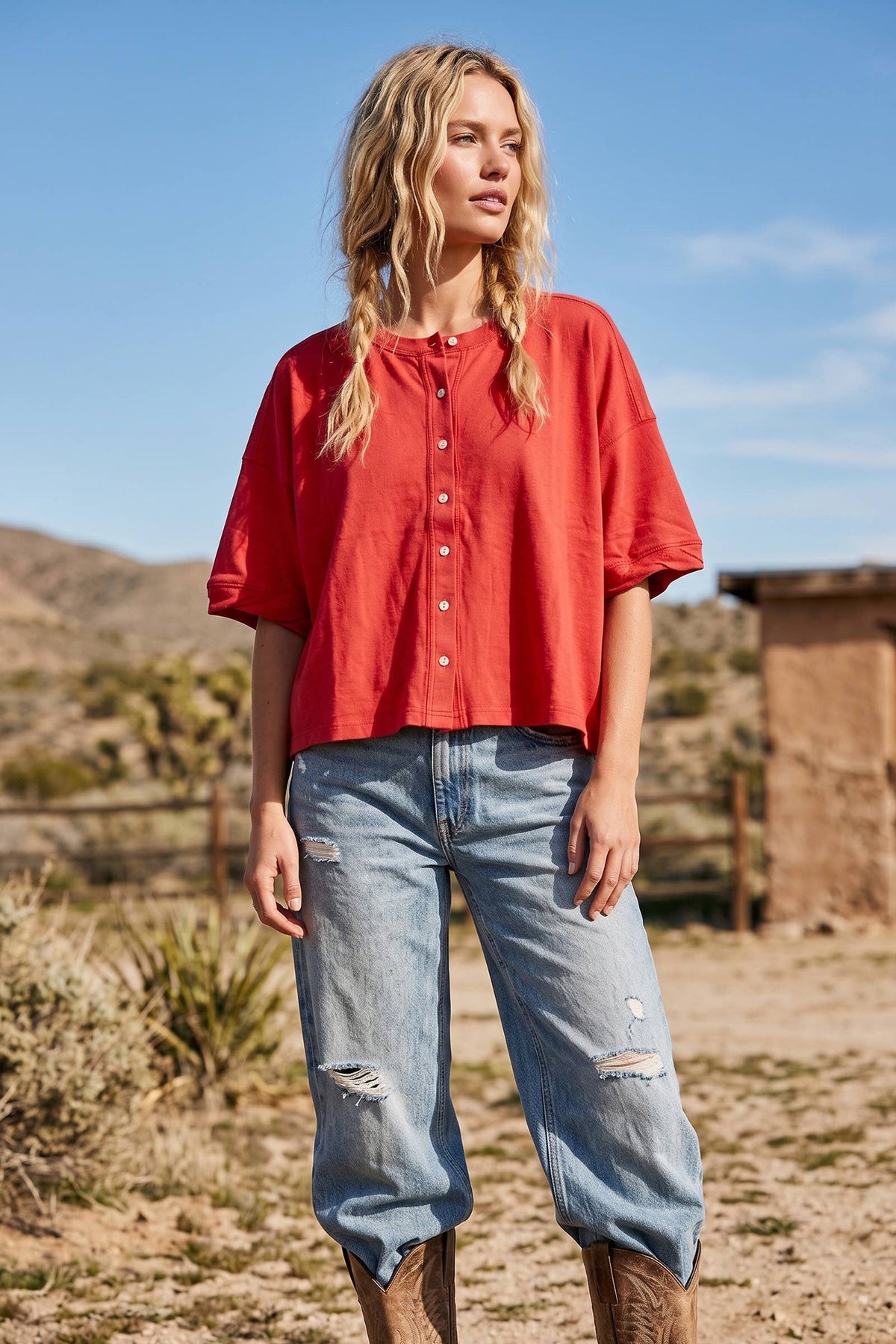 Red Oversized Button Front Lightweight Top-142283