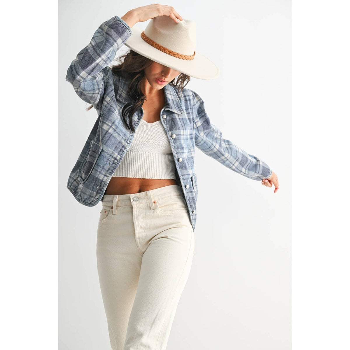 Blue Wash Denim Plaid Button-Front Jacket - 166324