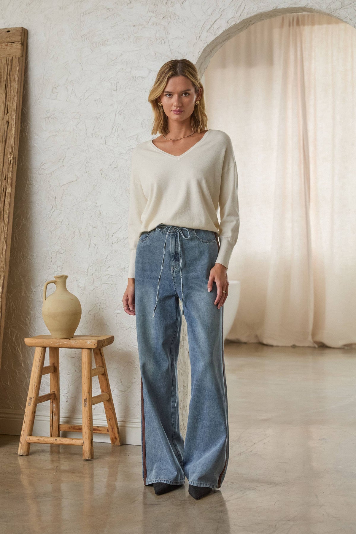 Washed Denim Pants w/ Faux Suede Side Line Detail-135518