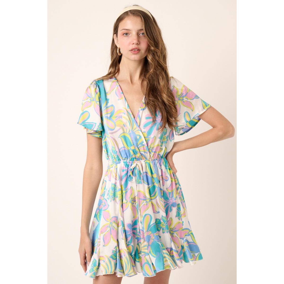 Blue Floral Print Surplice Mini Dress- 124266
