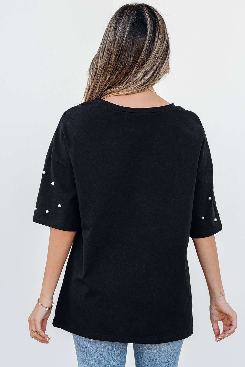 Pearl Beaded Black Drop Shoulder Crewneck Tee