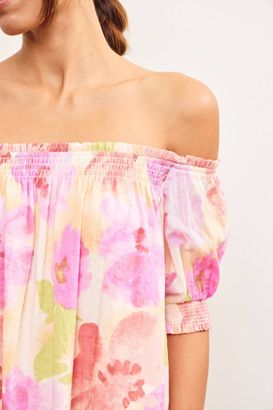 Pink Abstract Bloom Off-Shoulder Floral Dress-122482