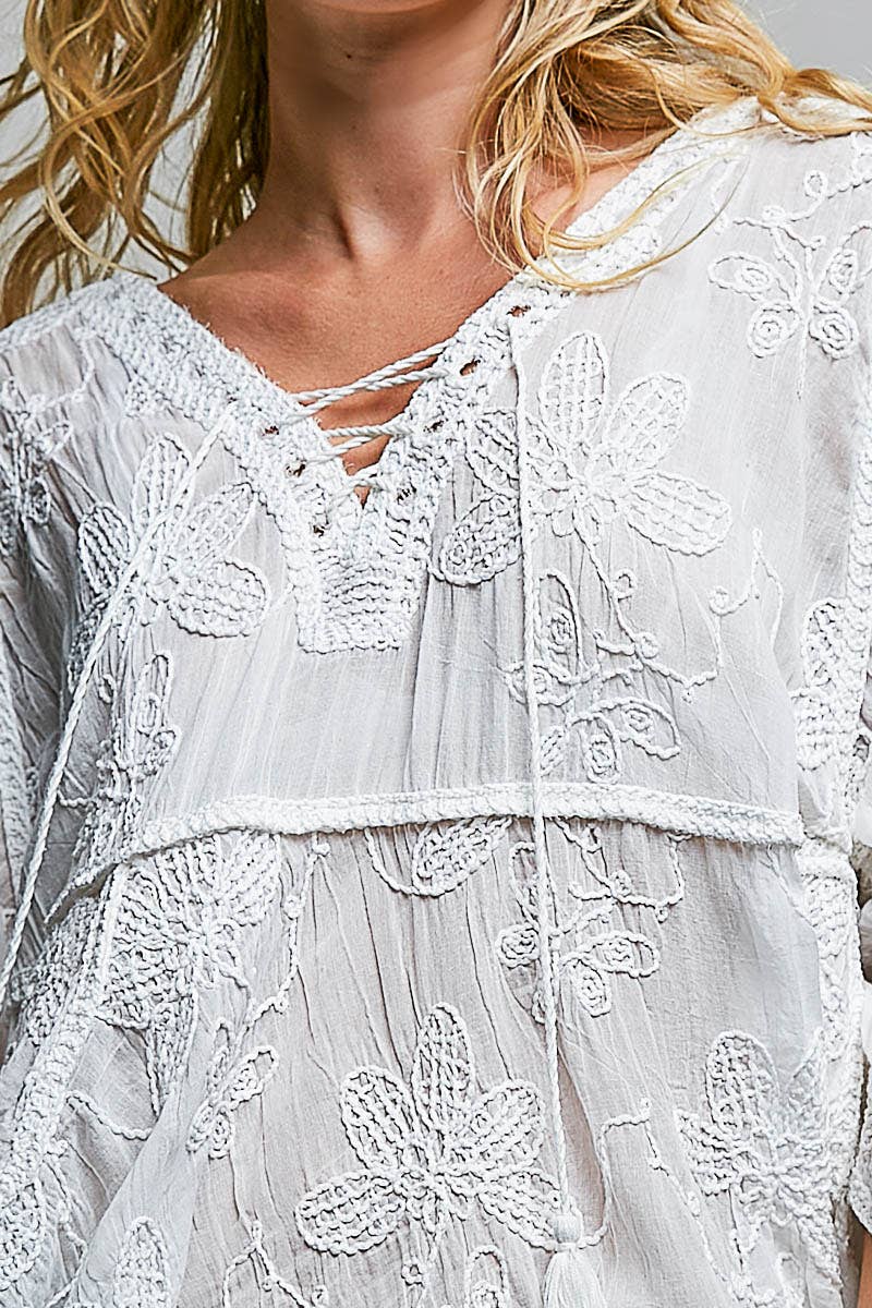 Off White Tassel Loop Point Ruffle Crochet Top-143198