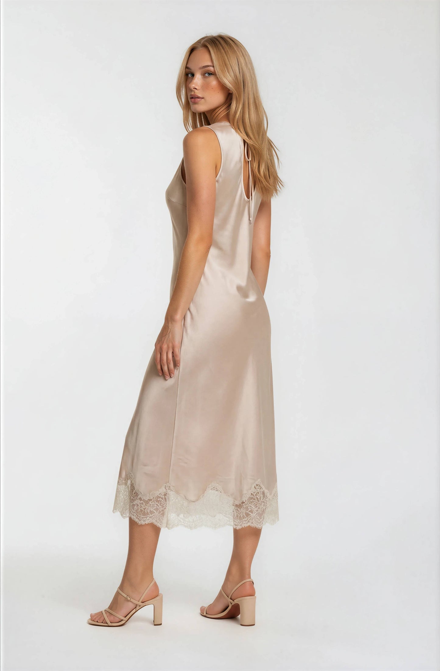 Champagne Satin Dress w/ Lace Trim Detail-124333