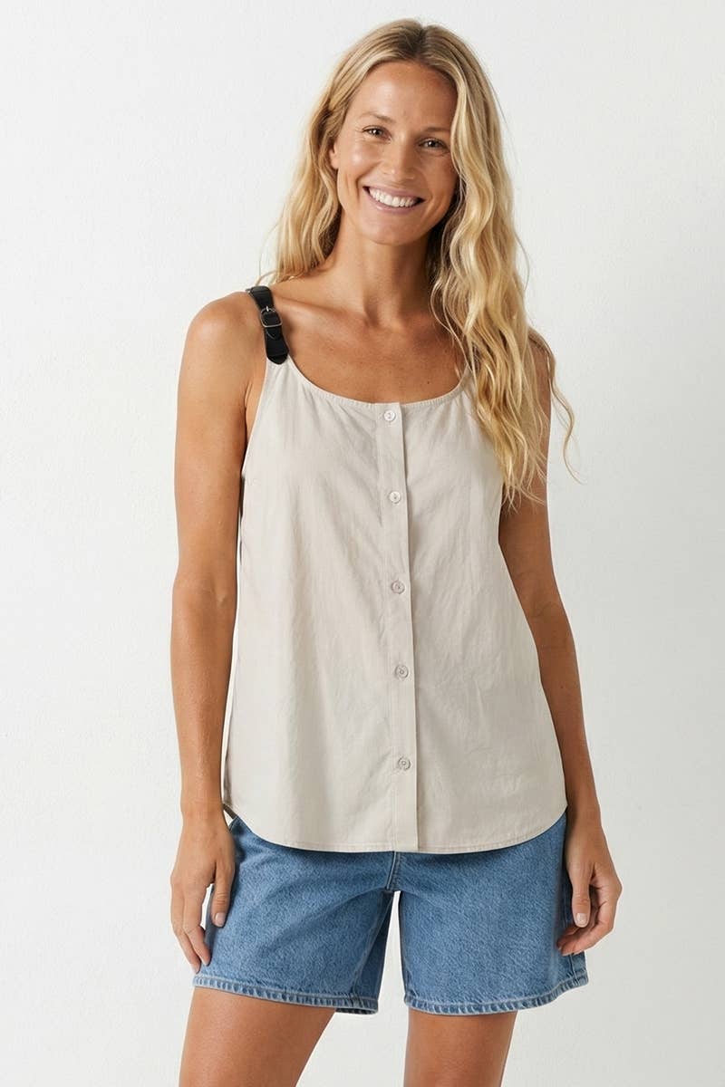 Stone Buckle Strap Button Up Tank - 189739