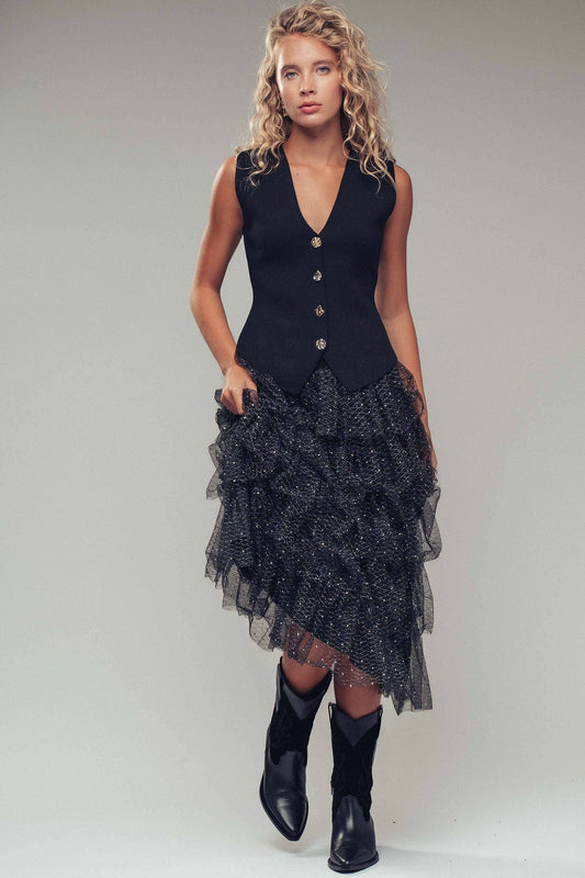 Black Ornate Mismatched Button Vest- 219035
