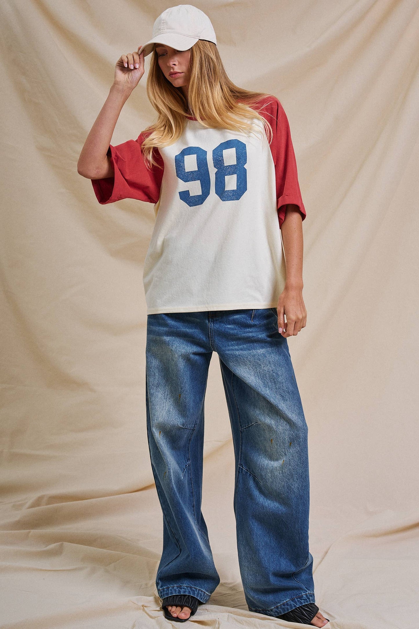 Ivory and Red Vintage Varsity  Cotton Baseball Tee - 141381