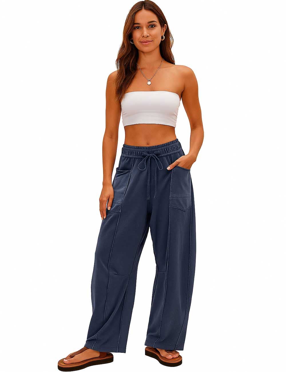 Navy Contrast Stitching Ladies Barrel Pants-138433