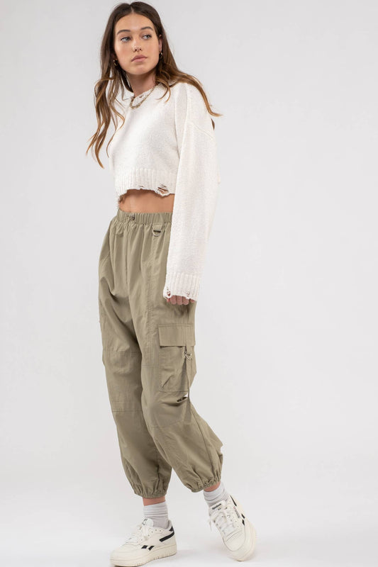 Light Olive Parachute Cargo Pants- 131012