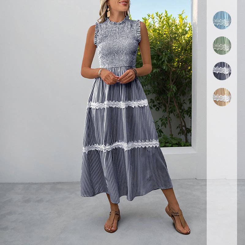 Navy Striped with White Lace Trim Detail Sleeveless Midi Dress - 129412