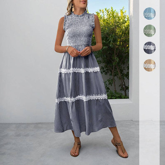 Navy Striped with White Lace Trim Detail Sleeveless Midi Dress - 129412