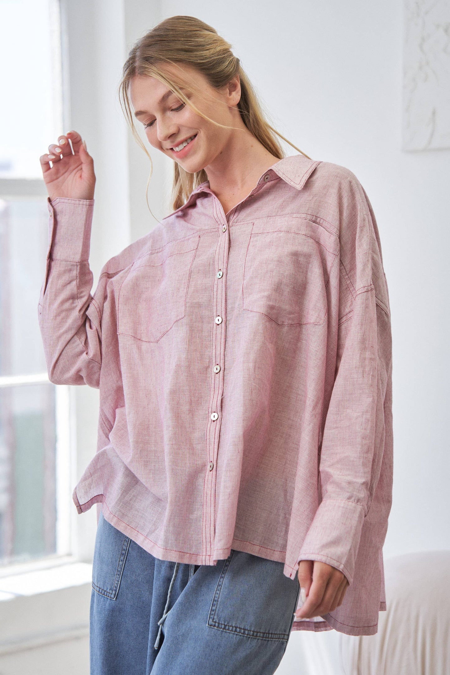 Red Mira Lightweight Sheer Oversized Button-Up Shirt