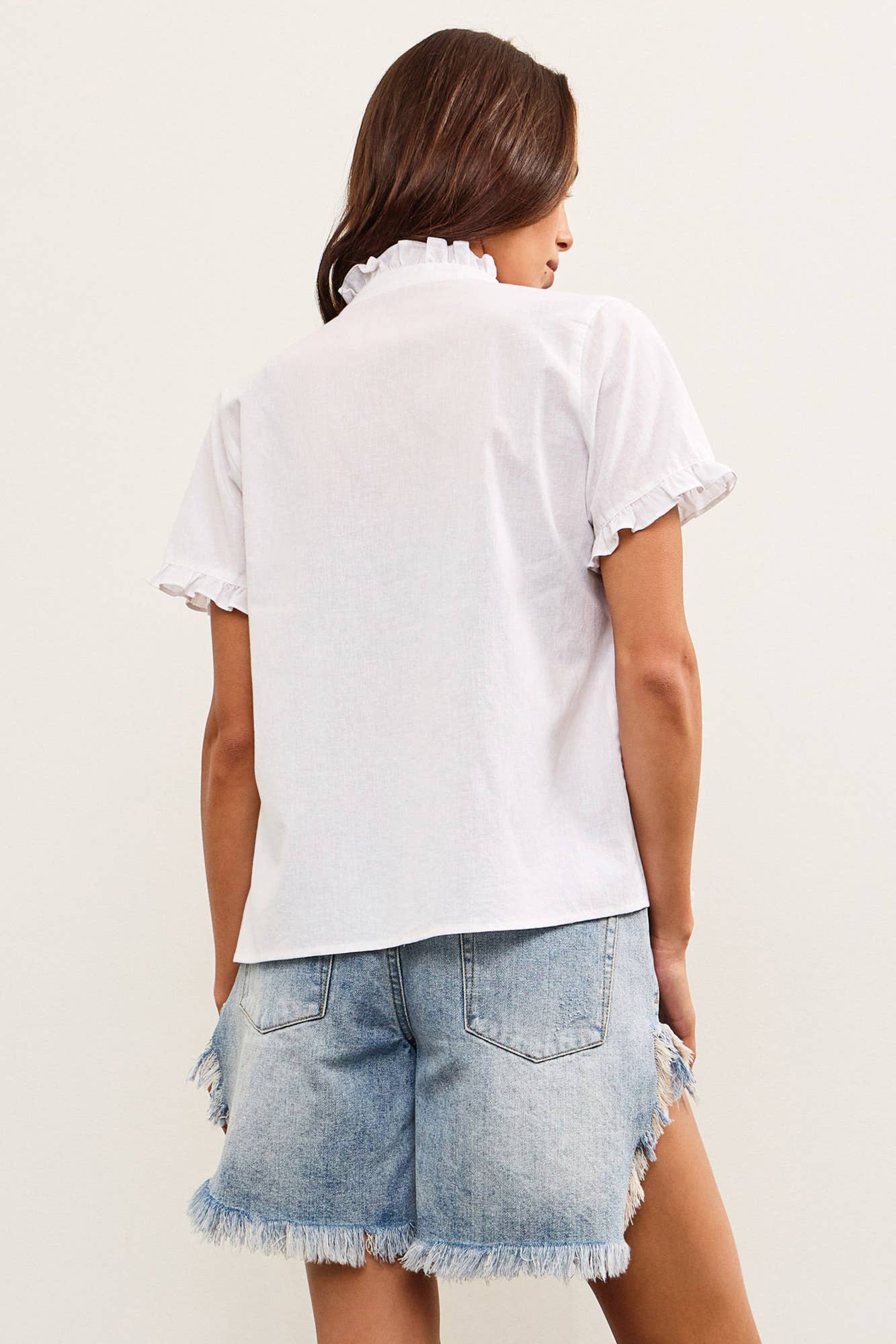 White Ruffle Trim Button Up Shirt-142495