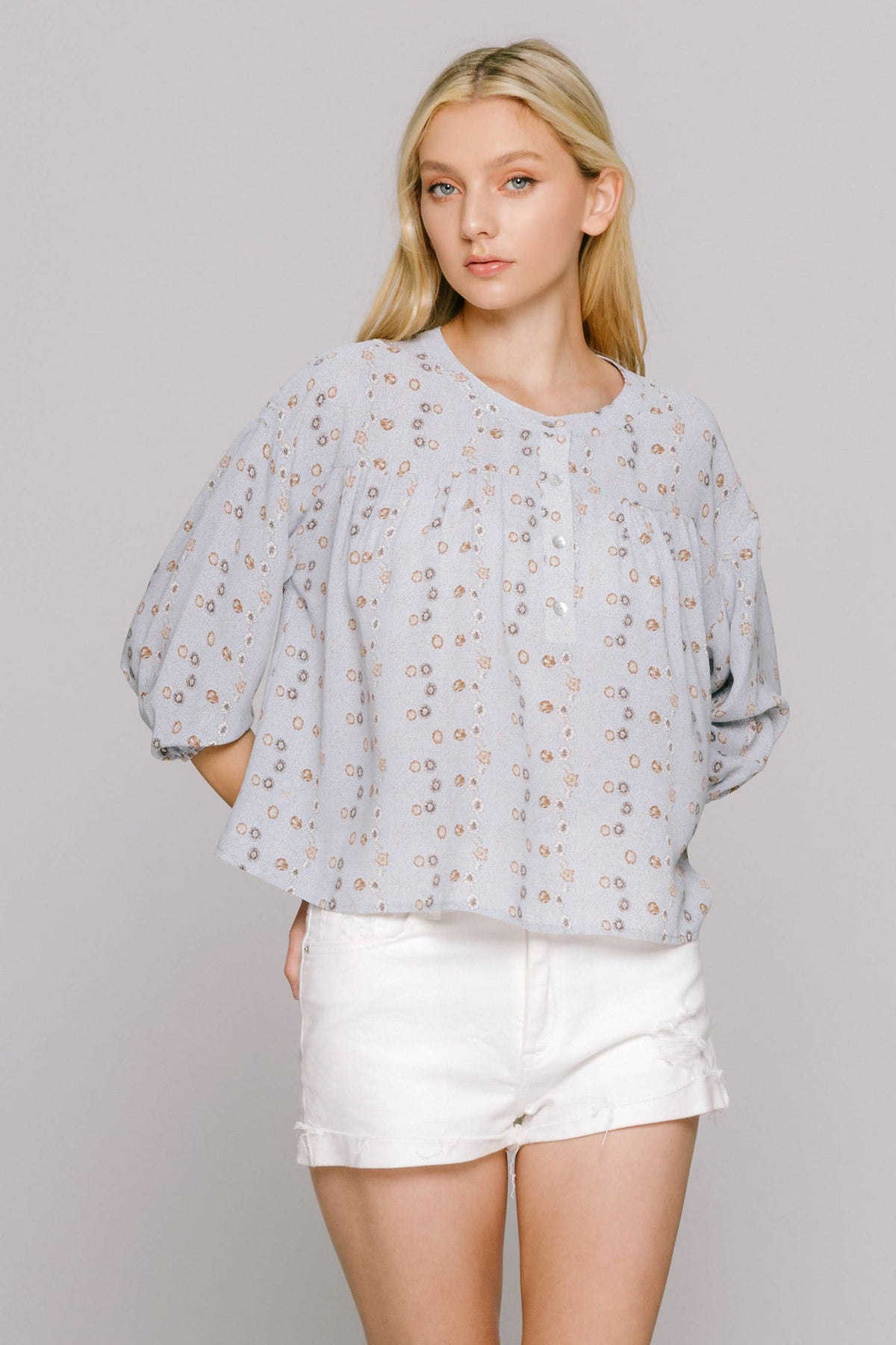 Blue Floral Print Flowy Blouse -143052
