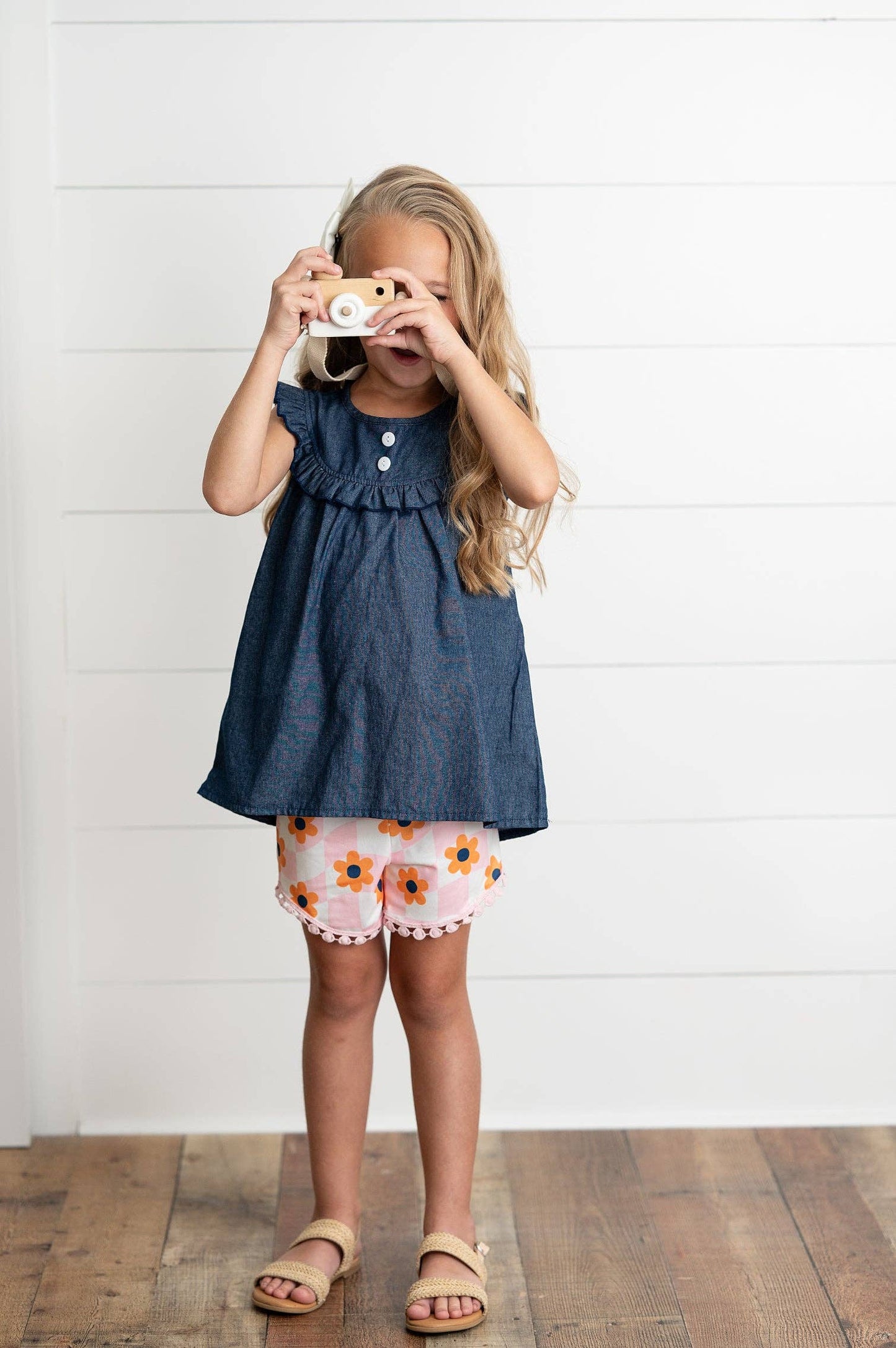 Girls Dark Denim Ruffle Top & Retro Flower Check Short Set-171428