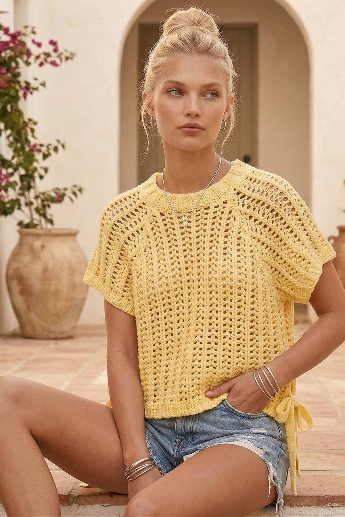 Yellow Chunky Knit Crochet Top W/ Side Ties-141551