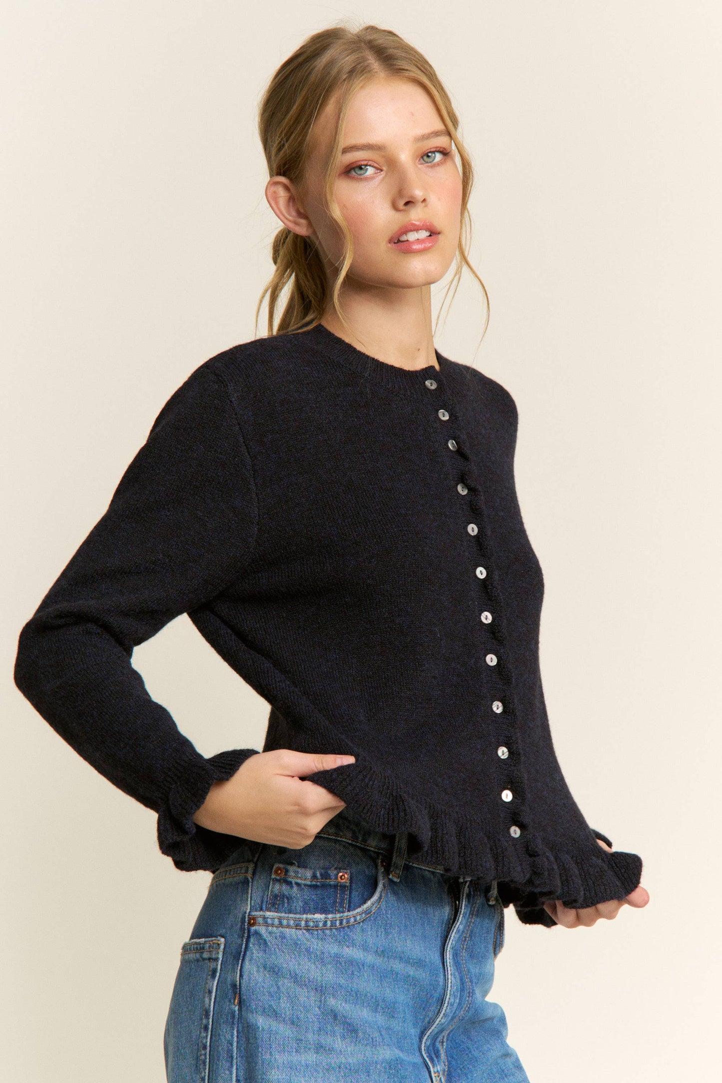 Navy Ruffle Trim Button-Up Cardigan -151015