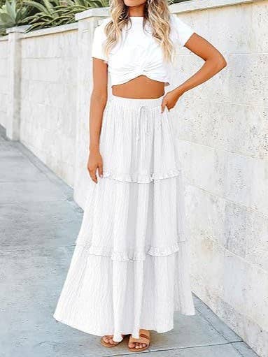 White Ruffled Boho High-Rise Tiered A-Line Skirt