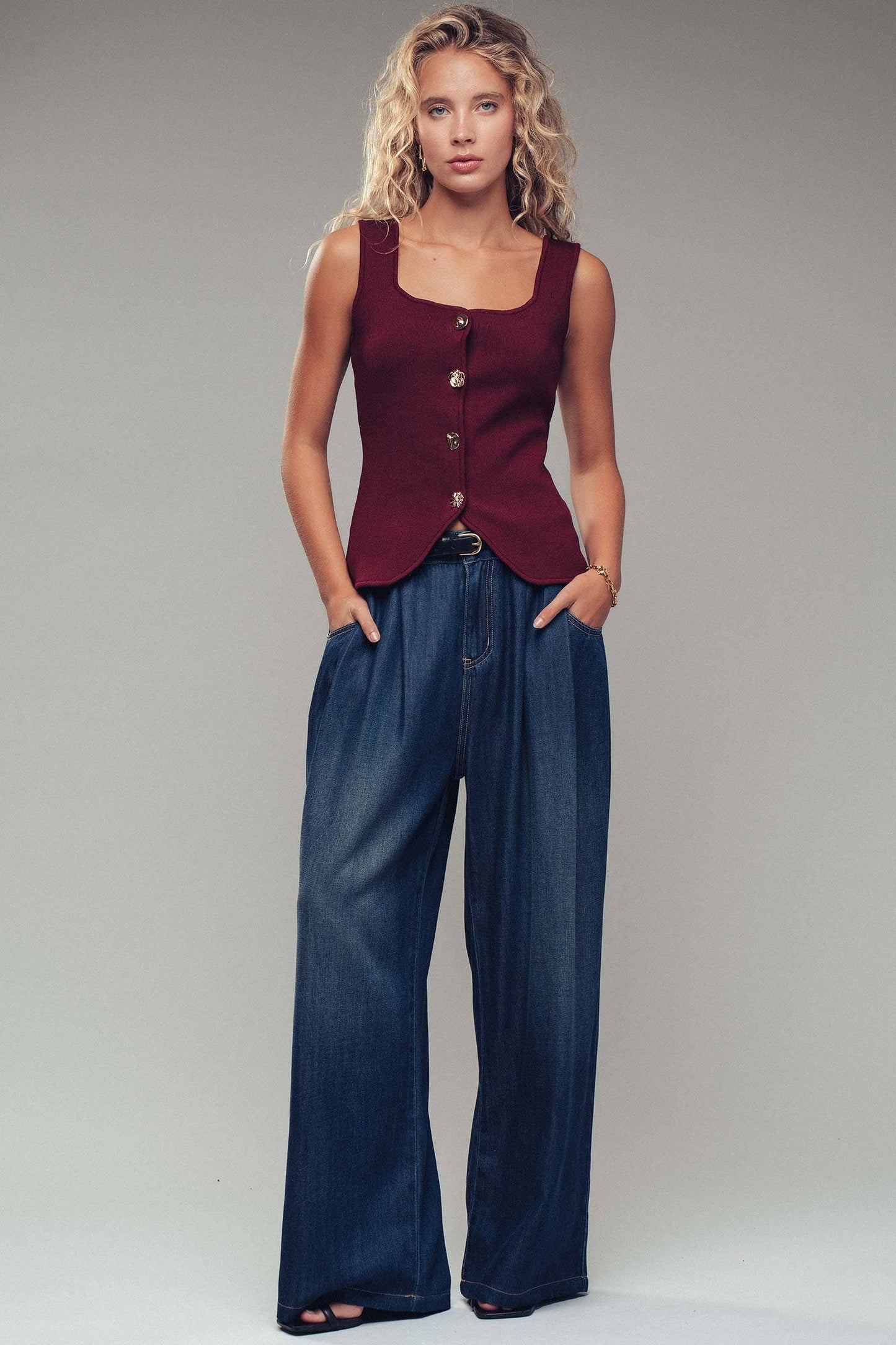 Black Mismatched Gold Button Vest - 219035