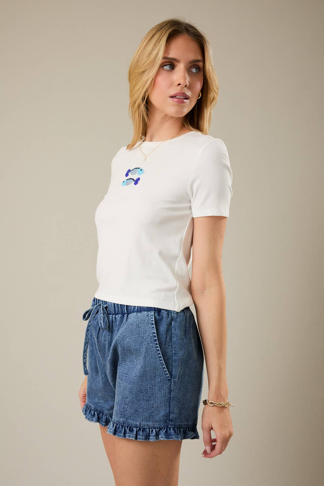 White w/ Beaded Fish T-Shirt- 142081