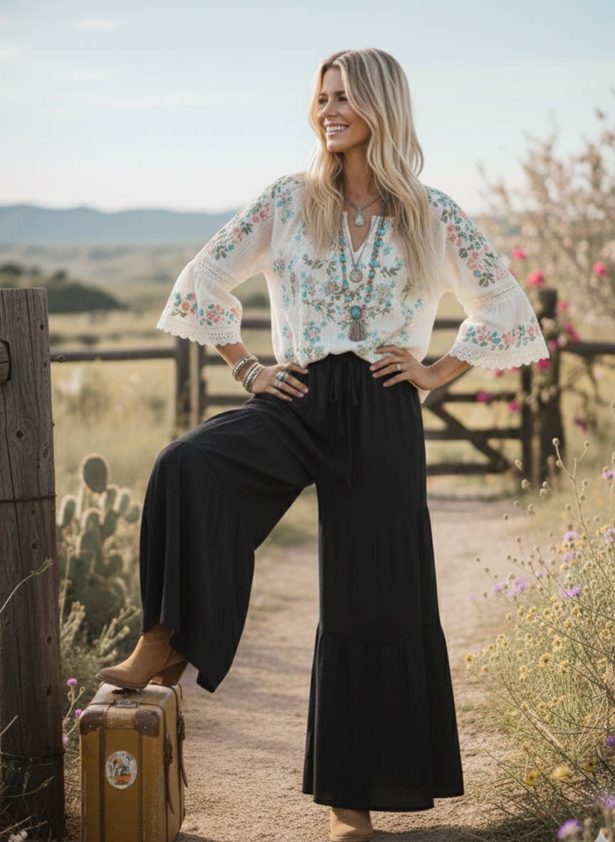 Black Linen Blend Wide Leg Palazzo Pants-132214