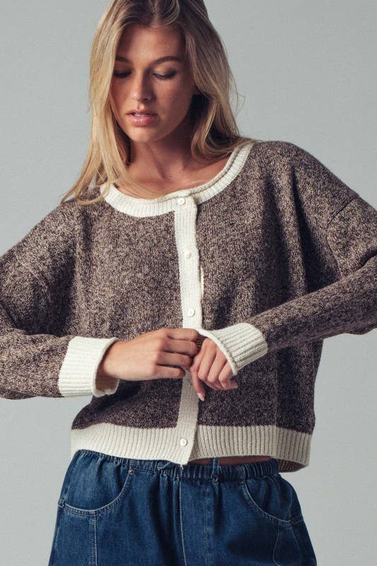 Cream Detail Mocha Soft Knit Button-front Cardigan Sweater