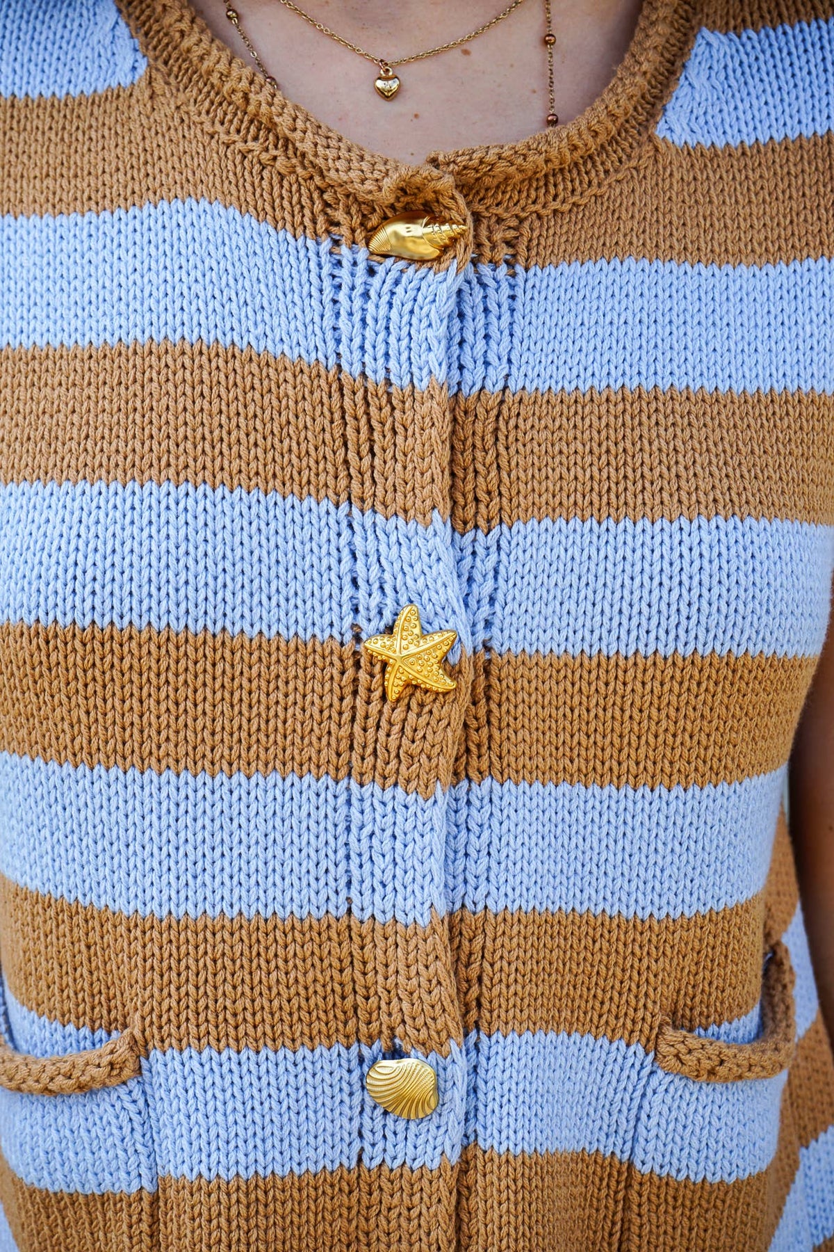 Mocha and Blue Striped Nautical Button Knit Vest-211221