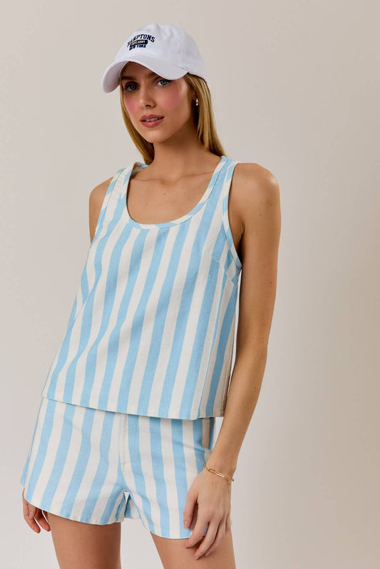 White w/ Light Blue Elongated Stripes U-Neck Twill Top-142109