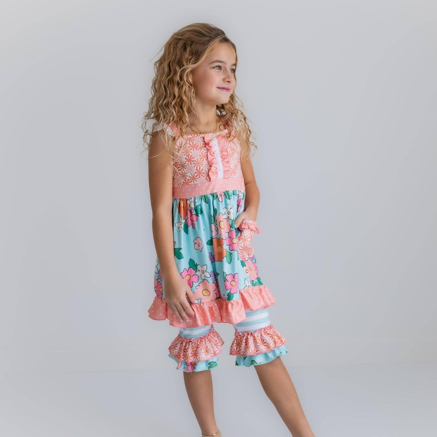 Girls Peach & Teal Floral Stripe Ruffle Lace Top and Capri Set-173611