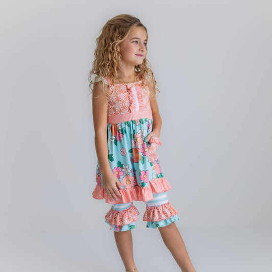 Girls Peach & Teal Floral Stripe Ruffle Lace Top and Capri Set-173611