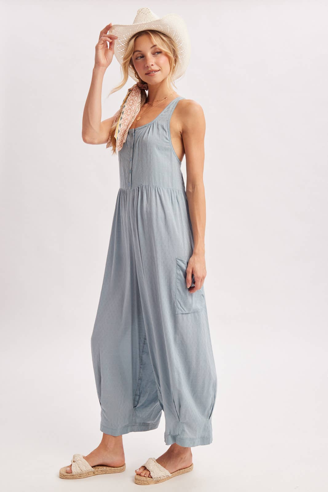 Chambray Boho Cross-Back Jumpsuit-133181