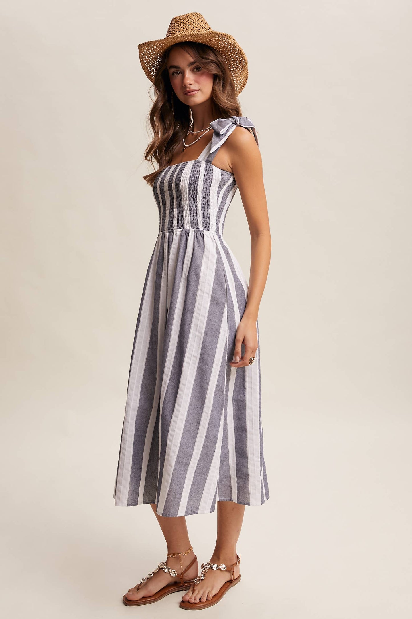 Blue and White Striped Denim Midi Dress-121051
