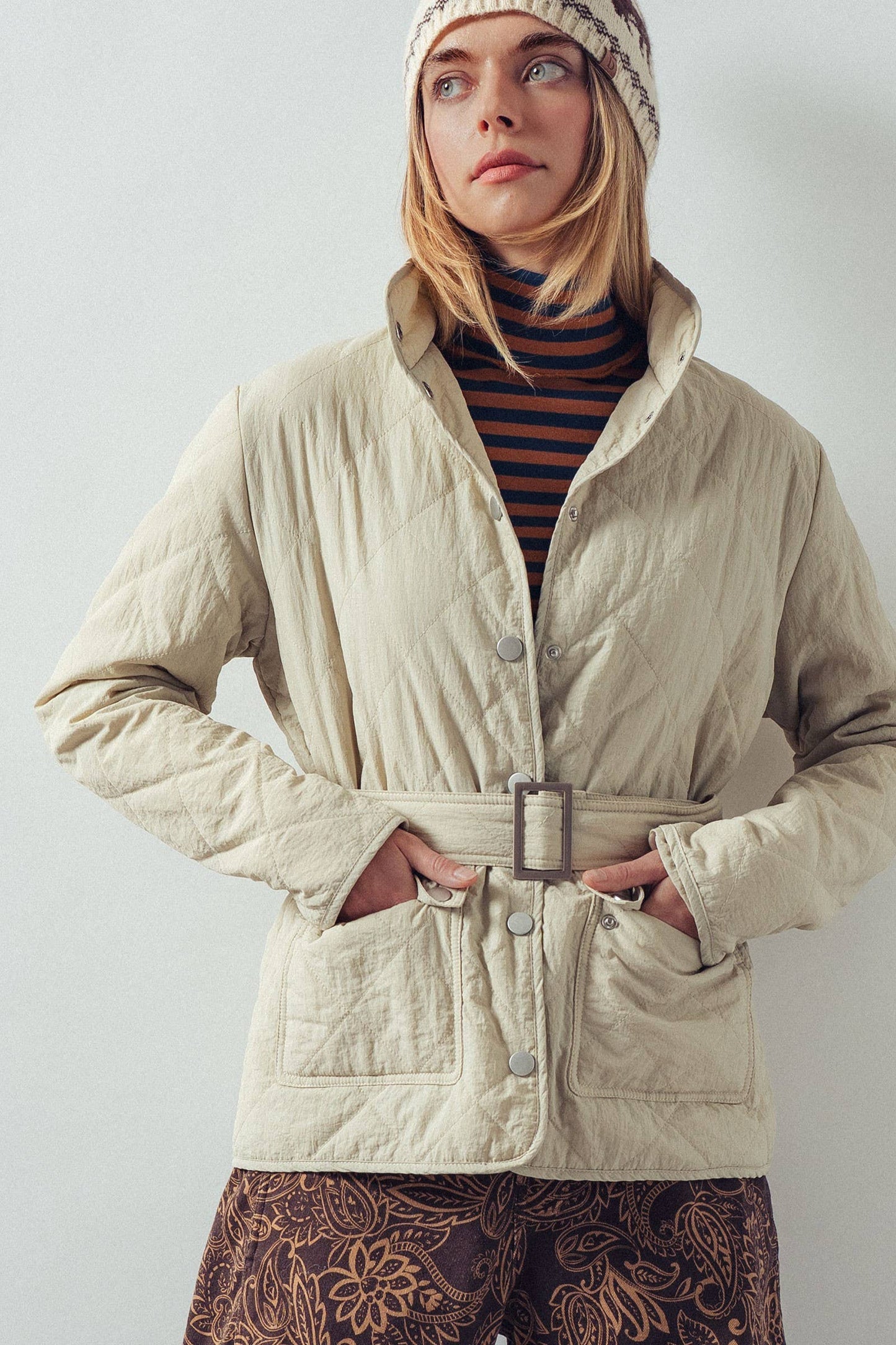 Lt Khaki Lauren Belted Diamond-Quilted Snap-Front Jacket