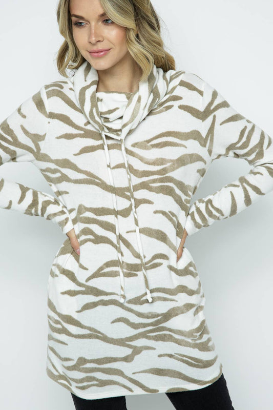 Olive / Cream Zebra Print Turtle Neck Dress in Light Sweater Knit Fabric