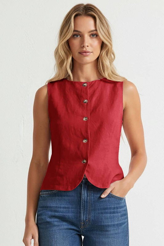 Red Sleeveless Woven Vest With Back Tie-145073