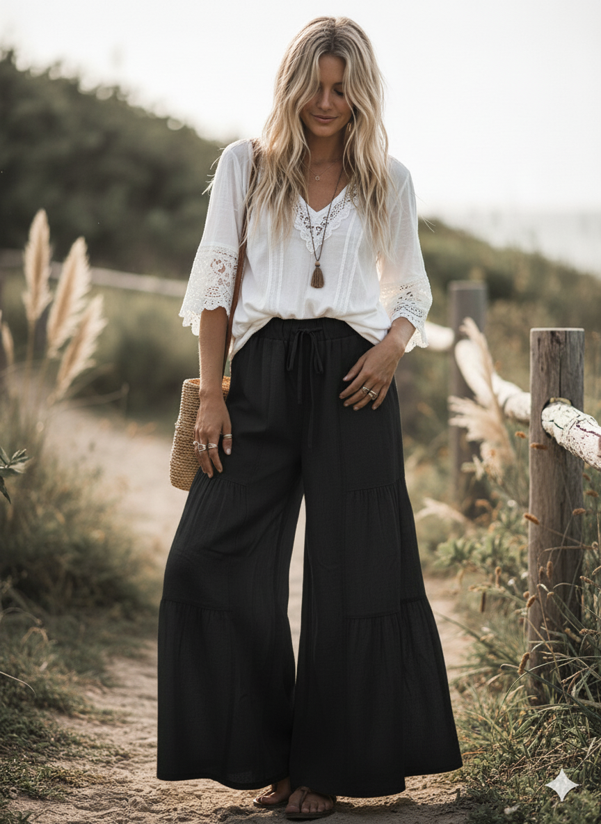 Black Linen Blend Wide Leg Palazzo Pants-132214