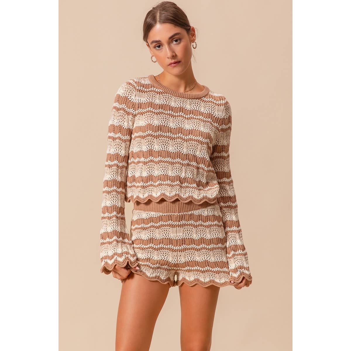 Black Combo Crochet Knitted Scallop Edge Top- 141137