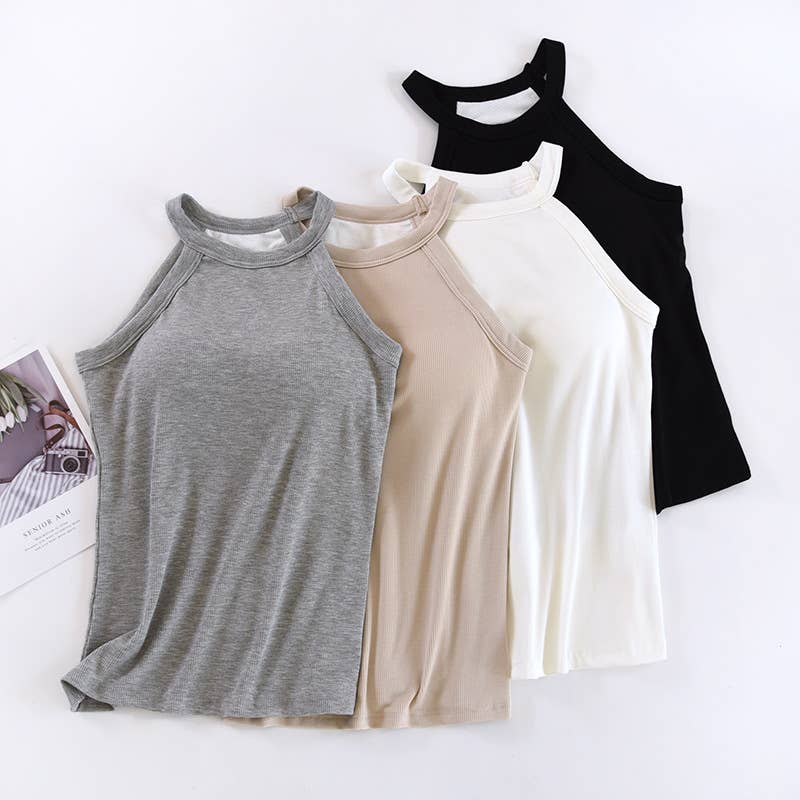 White Round Neck Halter Built-In Bra Tank Top- 180444